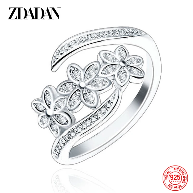 Silver Ring ZDADAN 925 Sterling Silver Adjustable Open CZ Flowers Ring for Women