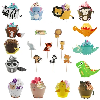 

Cartoon Animals Birthday Cake Topper Dinosaur Lion Owl Cupcake Party Decoration Birthday Party Supplies Baby Shower Favors