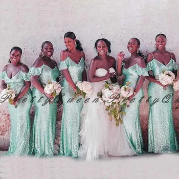 

2020 Mint Green Sequined Mermaid Bridesmaid Dresses Spaghetti Off Shouder African Women Vestidos Wedding Party Dress Gown