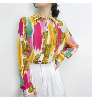 

Women Blouse Good Quality Colour Graffiti Printing Silk Long Sleeve New Autumn Blouses Woman 2020 Fashion Temperament