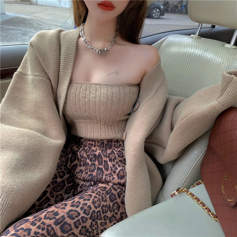 

Autumn New Sexy Knitted Wrap 2023 knitted Suit Elegant Retro V-Neck Long-Sleeved Cardigan Solid Sweater Top Two Piece Set