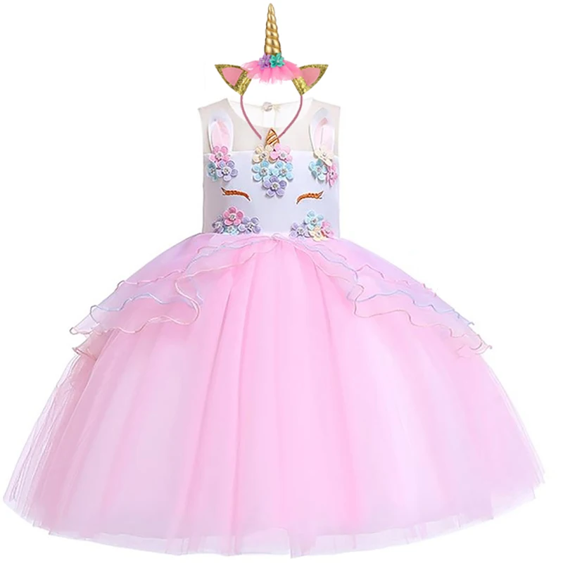 Детские платья для девочек; праздничное платье принцессы с единорогом; костюм Эльзы; детское свадебное платье для девочек; платье Моаны для малышей; fantasia infantil - Цвет: Pink