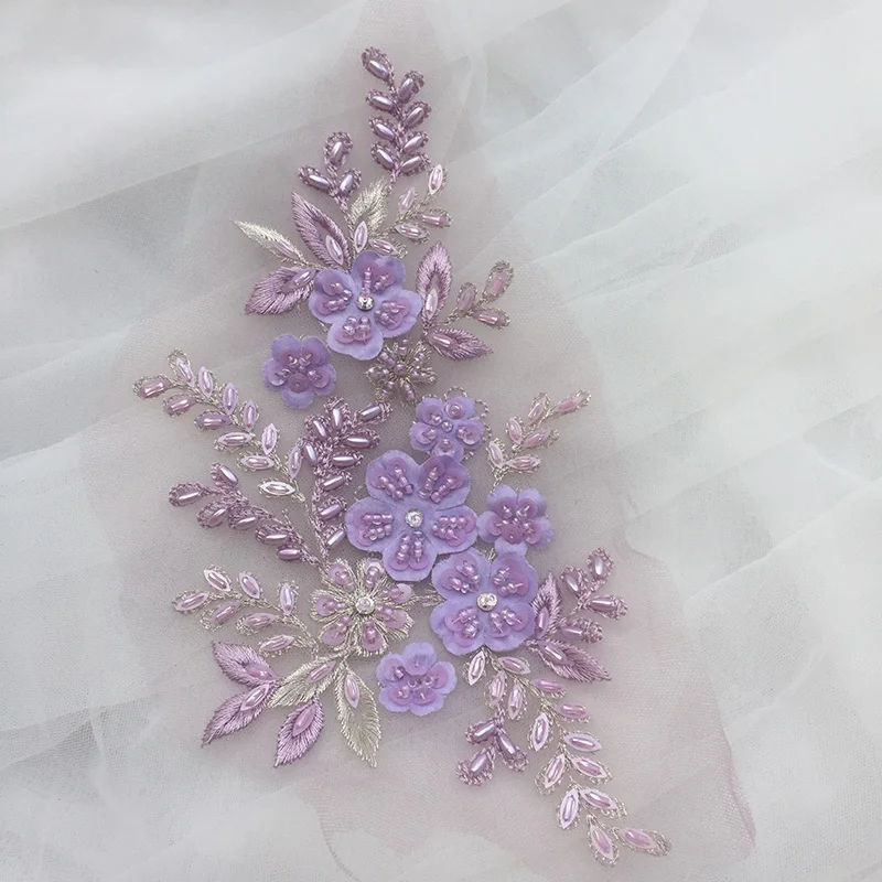 lavender 2 шт/партия 3D цветные блестки цветочные кружева бисером аппликации из вышитого кружева для вечернего платья - Цвет: lavender