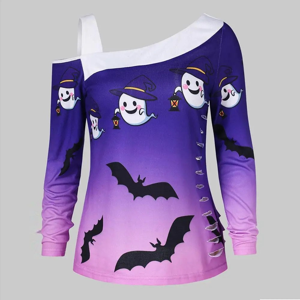 

2019 New Fashion Halloween Women's Loose Bats Print Skew Neck Ripped Casual Long Sleeve T-shirt Pullover Tops