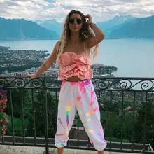 Для женщин прямые впитывает пот и Штаны Модные женские окрашенный вручную Off спортивные умягчитель Повседневное, свободные брюки длины миди с Штаны брюки с эластичным поясом, уличная одежда