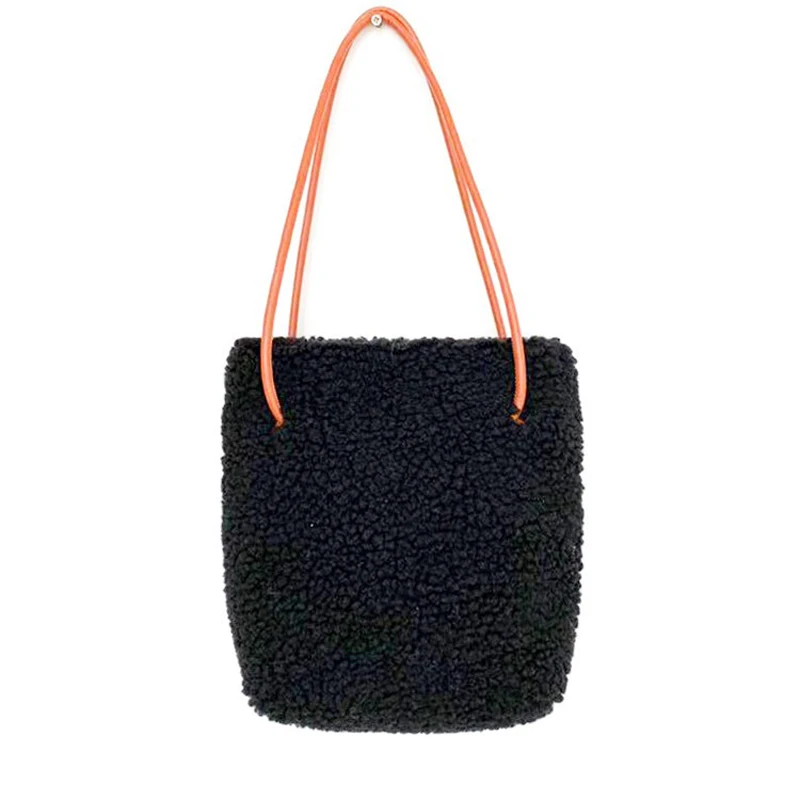 

2019 Winter New Casual Women Handbags Faux Fur Small Shoulder Bag Lambs Wool Female Bucket Handbag Lady Crossbody Bag Whole Sale