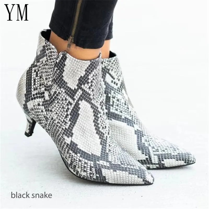 Популярные женские ботильоны женская обувь с острым носком и змеиным леопардовым принтом на Высоком толстом каблуке с боковой молнией женская обувь Plus35-43 - Цвет: snakeskin
