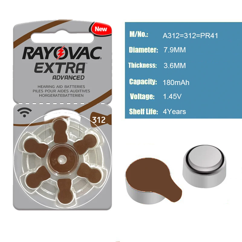 Hearing Aid Batteries Size 312 za Rayovac Extra Advanced,Pack of 120,Brown  Tab PR41 1.45V Type 312 Zinc Air Battery - AliExpress