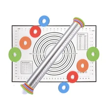 Adjustable Stainless Steel Rolling Pin Dough Mat Dough Roller 4 Removable Adjustable Thickness Rings Pizza Pastry Pie Baking