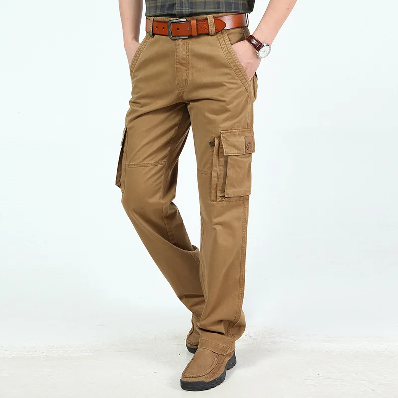 Khaki Модные мужские брюки-карго с большим карманом, хлопковые прямые свободные мешковатые шаровары, военные брюки, большие размеры 44 - Цвет: Khaki