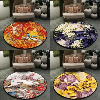

New Chinese Style Retro Elegant Color Flower and Bird Living Room Bedroom Hanging Basket Chair Round Non-slip Floor Mat Carpet