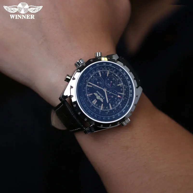 

Winner Men Fashion Casual Retro Large Dial Blue Glass Fully Automatic Mechanical Wrist Watch