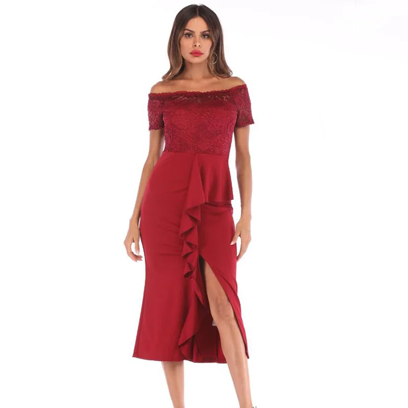 Женское весенне-осеннее винтажное Элегантное Черное Красное Кружевное лоскутное платье с вырезом лодочкой повседневное вечернее платье с разрезом Vestido
