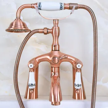 

Antique Red Copper Deck Mounted Telephone Shape Spout Bathtub Mixer Tap Dual Ceramic Handles with hand shower faucets zna168