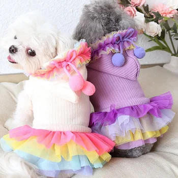 

Lovely Dress For Autumn Winter Dog Clothes Girls Hooded Button Coat Warm Rainbow Skirt Dog Dress For Dog Cat Pet hunde kleidung