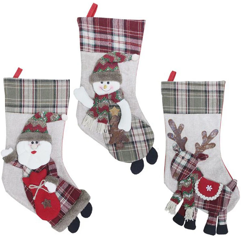 Large Christmas Stocking Santa Claus Sock Plaid Gift Holder Christmas Tree Decoration New Year Gift Candy Bags