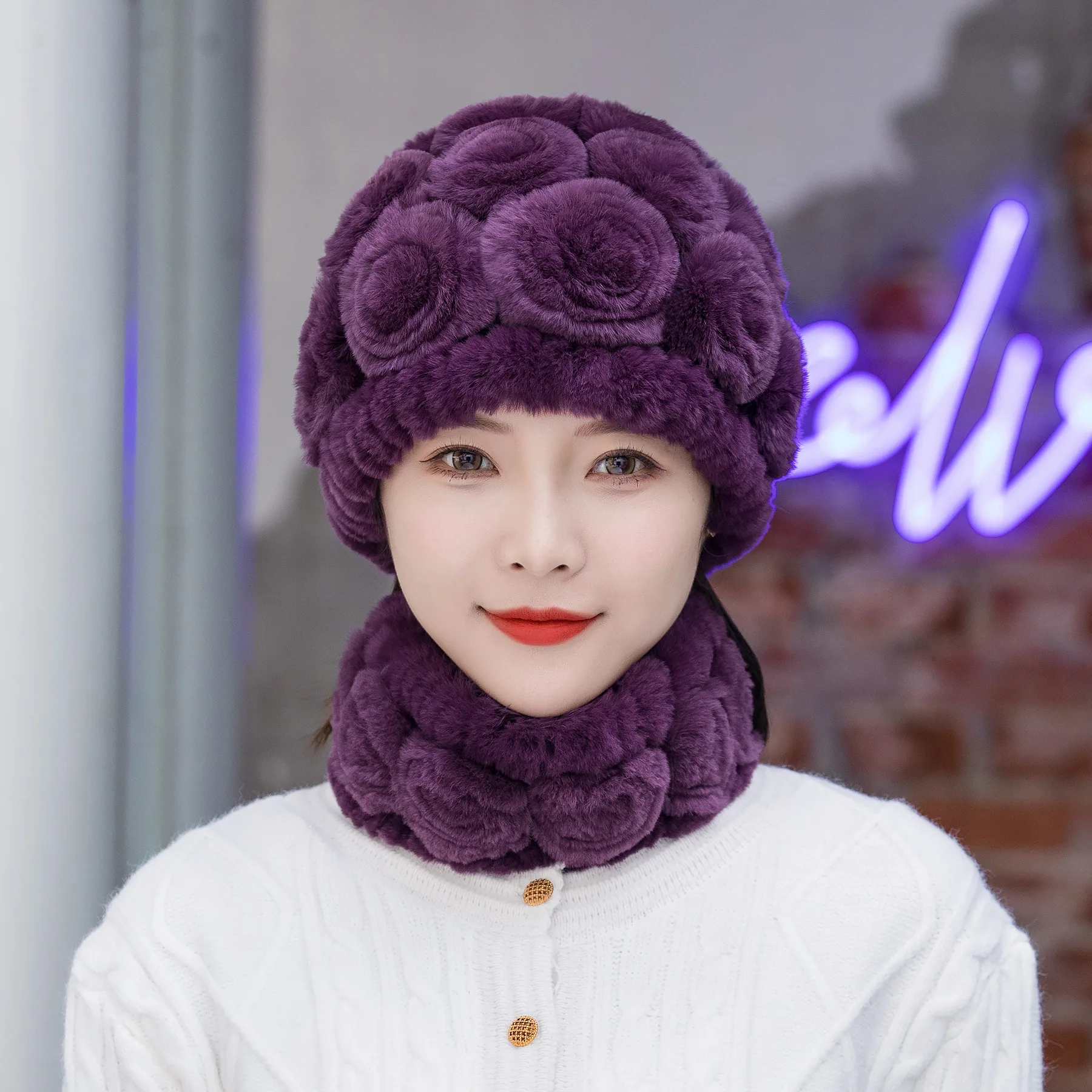 

X132 Female Rabbit Hair Hat Adult Jacquard Rex Rabbit Fur Hat Fur Elderly Ear Cap Scarf Suit Bucket Hat Beanies for Women 2pcs