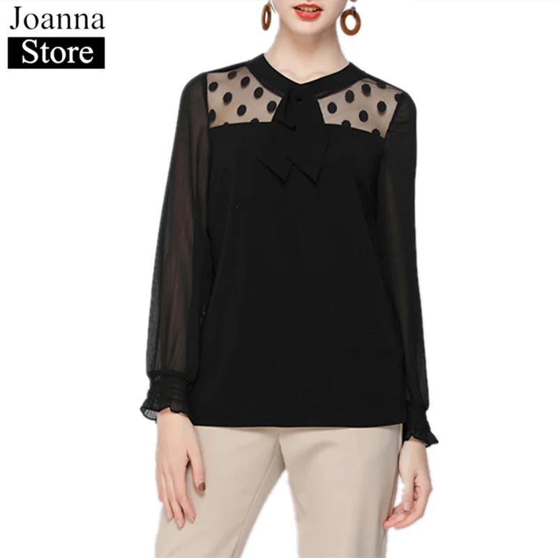 

Spring Splice Short T-Shirts Women O-Neck Wave Point Bow Trumpet Sleeve Vintage Elegant Tops Black Plus Size Loose Wild Clothes