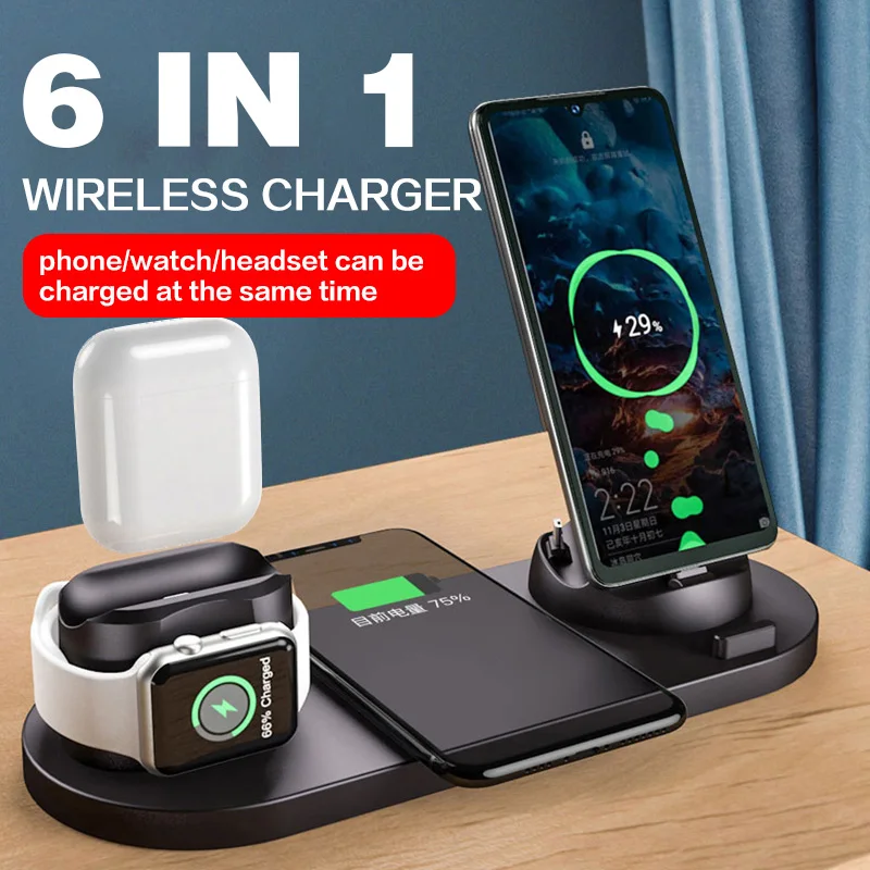 10W Qi Wireless Charger Station 6 in 1 For Iphone Airpods Micro USB Type C Stand phone Chargers For Apple Watch airpods Charging