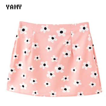 

Pink Flower Print elegant Women Satin Mini Faldas Summer Female kawaii Sexy high waist Skirts fashion floral A line skirt 2020