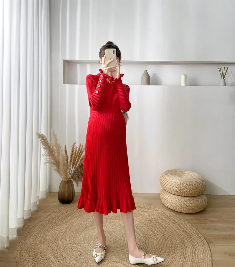 2305 # herbst Winter Gestrickte Mutterschaft Lange Pullover Chic Ins Elegante EINE Linie Dünnes Kleid Kleidung für Schwangere Frauen Schwangerschaft – Detail 19