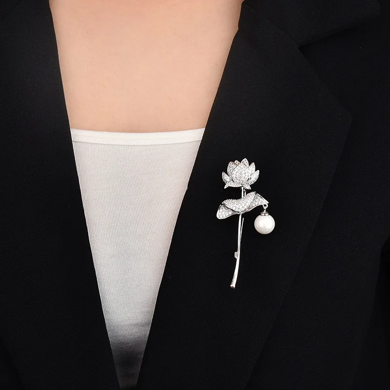 Lotus Copper Micro Zircon Brooch Korean-style Cool Corsage Garment accessory Top Grade Coat Brooch Customizable