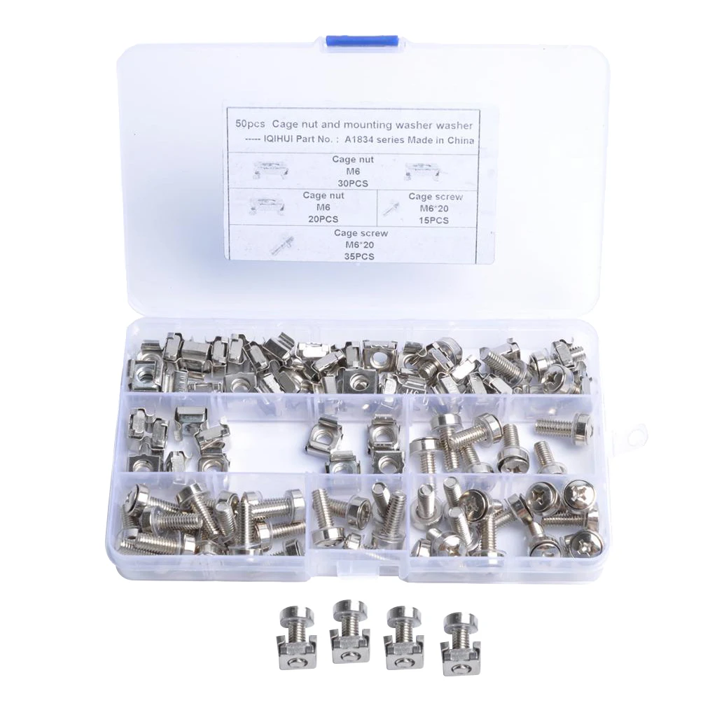 50 Pack Lot - M6*20 Rack Mount Cage Nuts & Screws w/ Washers - Square Clips