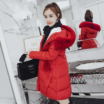 

Cotton Warm Fashion Parka Women Nice Hooded Pockets Solid Padded Jacket Fur Collar Long Woman Winter Coats And Jackets
