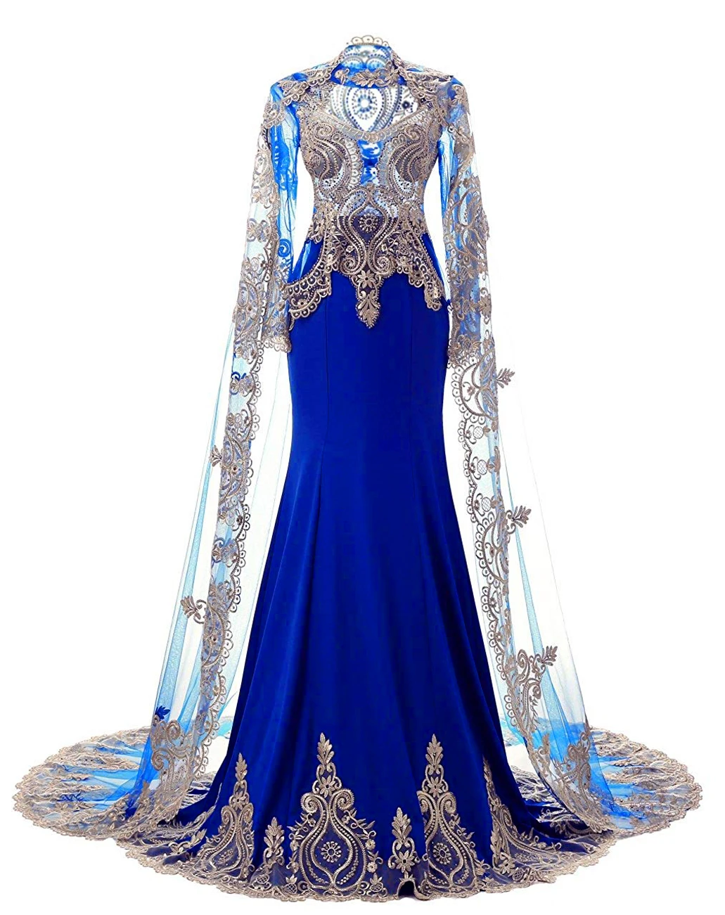 Royal blue Настоящая фотография, стразы, Королевское Платье русалки для выпускного вечера, элегантное кружевное вечернее платье с длинным рукавом и шалью - Цвет: Royal blue