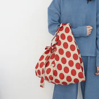 

Japan Red Wave Point Shoulder Strap Adjustable Bag Fashion Large Capacity Canvas Dot Bag Female Casual Versatile Handbag Girl