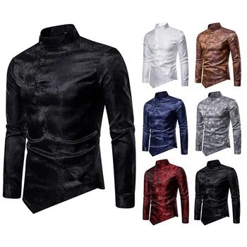 

High Quanlity Men's Shirts Stand Collar Shirt Men Long-Sleeved Printed Slim Fit Irregular Business Shirts Camisa Masculina