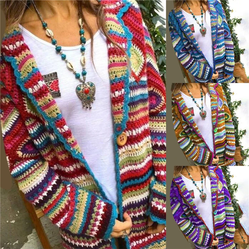 

New Autumn Sweater Women Long Sleeve Patchwork Knitted Open Front Rainbow Striped Cardigan Women Coat Sueter Mujer Invierno 2020
