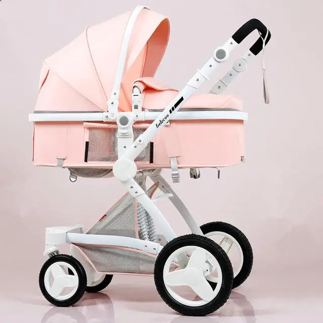 White powder A 3 in 1 High Landscape Baby Stroller Luxury Travel Pram Reversible Trolley Pink with Car Seat - Цвет: White powder A