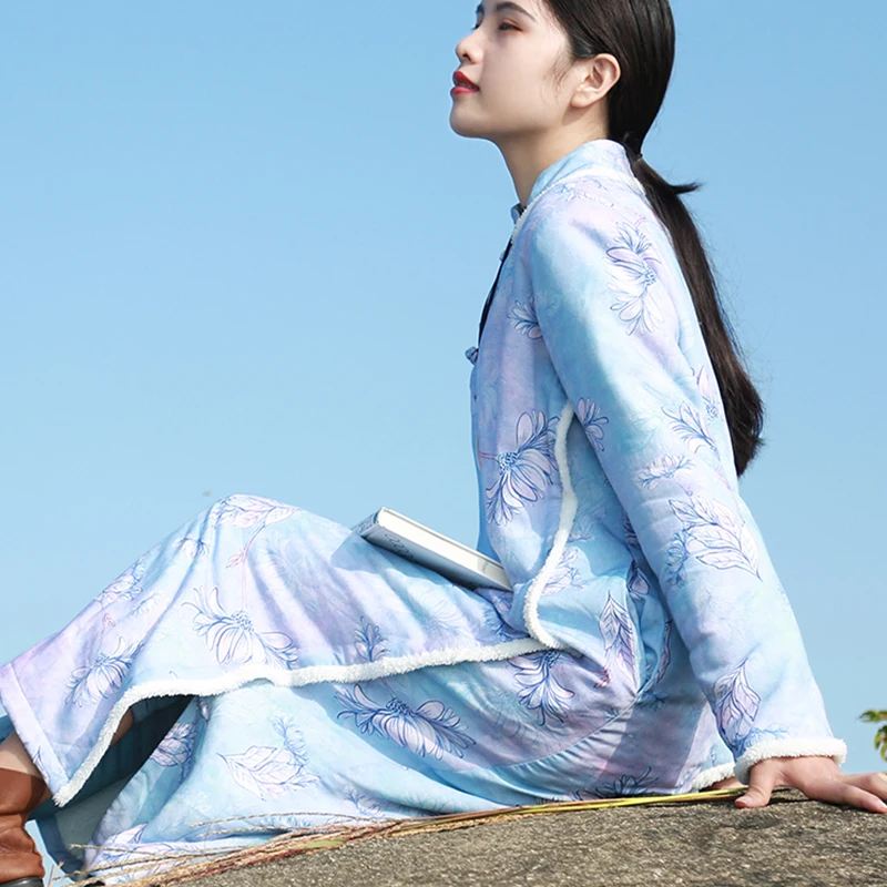 LZJN женское винтажное платье с цветочным принтом в китайском стиле Cheongsam Осень Зима Новое китайское теплое флисовое платье с длинным рукавом