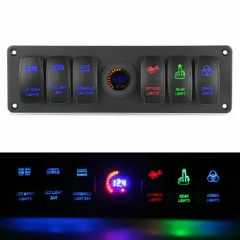 

12 Volt 6 Gang Rocker Switch Panel Circuit Breaker + LED Voltmeter RV Car Marine Boat Switch Panel