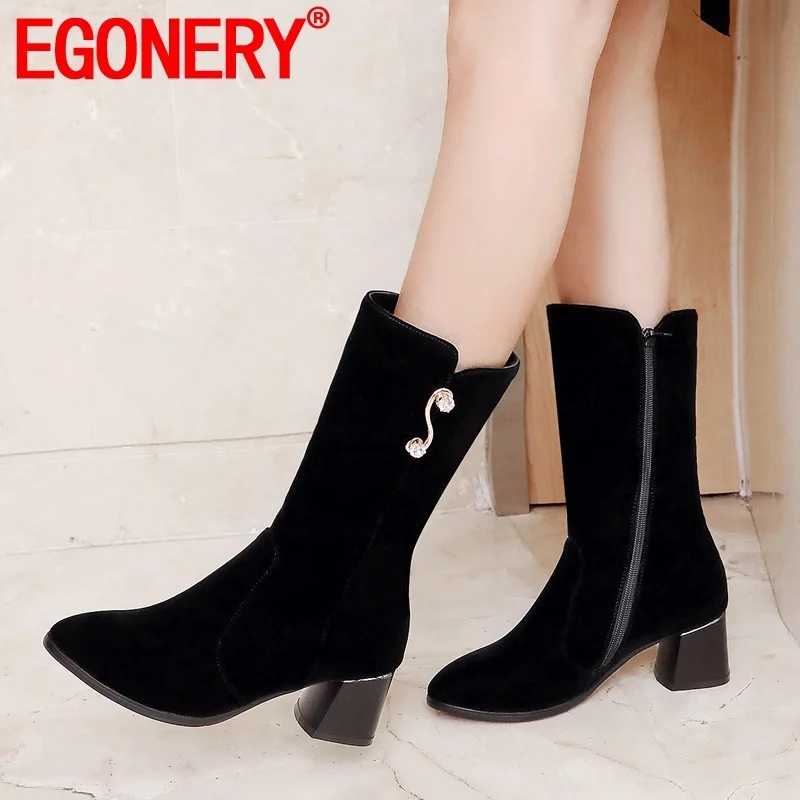 

EGONERY winter new fashion sexy mid calf boots outside high heels round toe flock zip women shoes drop shipping size 32-43