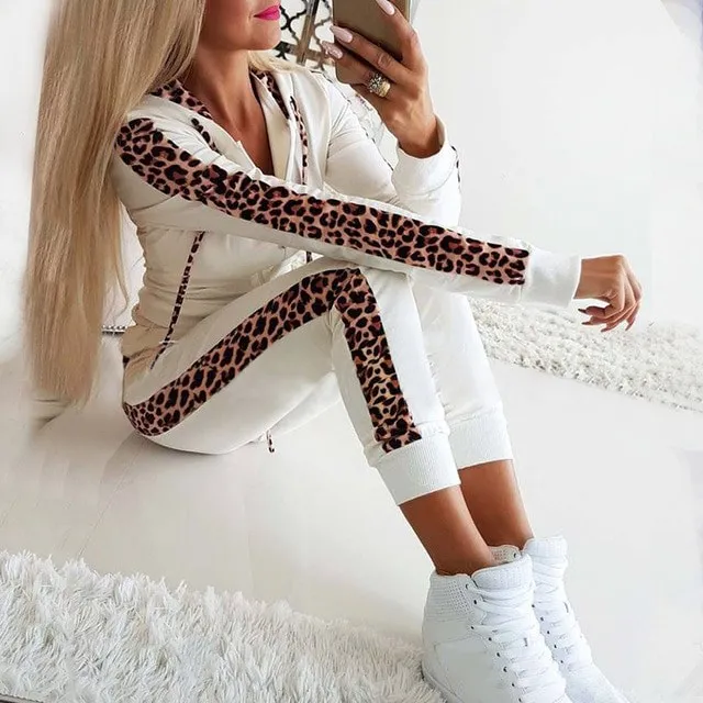 

Women 2 Pieces Sets Leopard Spliced Zippers Hooded Sweatshirt Long Pants Women Tracksuits Hoodies Outfiits