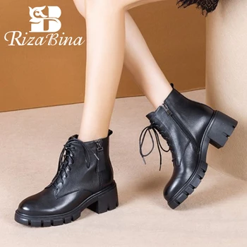 

RIZABINA Real Leather Women Ankle Boots Cross Strap Fashion Platform High Heel Winter Shoes Woman Warm Zip Footwear Size 34-39