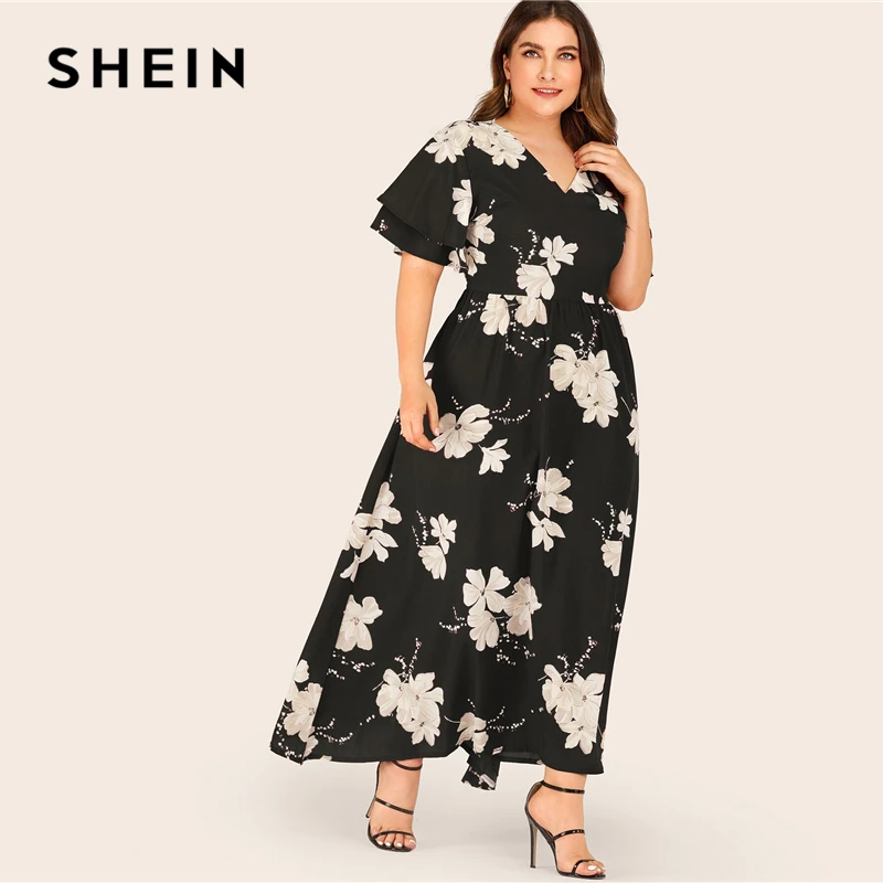 SHEIN Плюс Размер большое Цветочное платье с многослойным рукавом Макси женское летнее осеннее платье с v-образным вырезом с высокой талией и расклешенными повседневными платьями