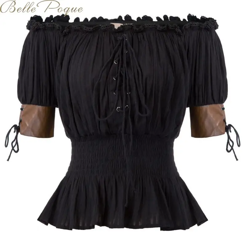 Belle Poque, женские топы, винтажная рубашка, с открытыми плечами, половина рукава, готические топы, Ретро стиль, для девушек, стимпанк, повседневная одноцветная футболка