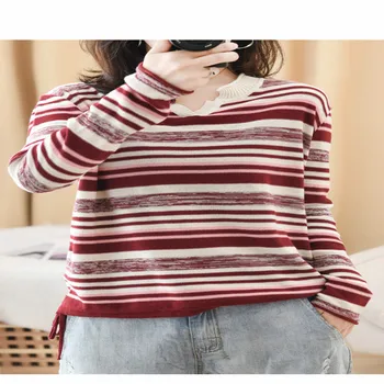 

Cotton and linen Korean version of the female long-sleeved autumn 2019 new loose striped fashion inside the thin section of the