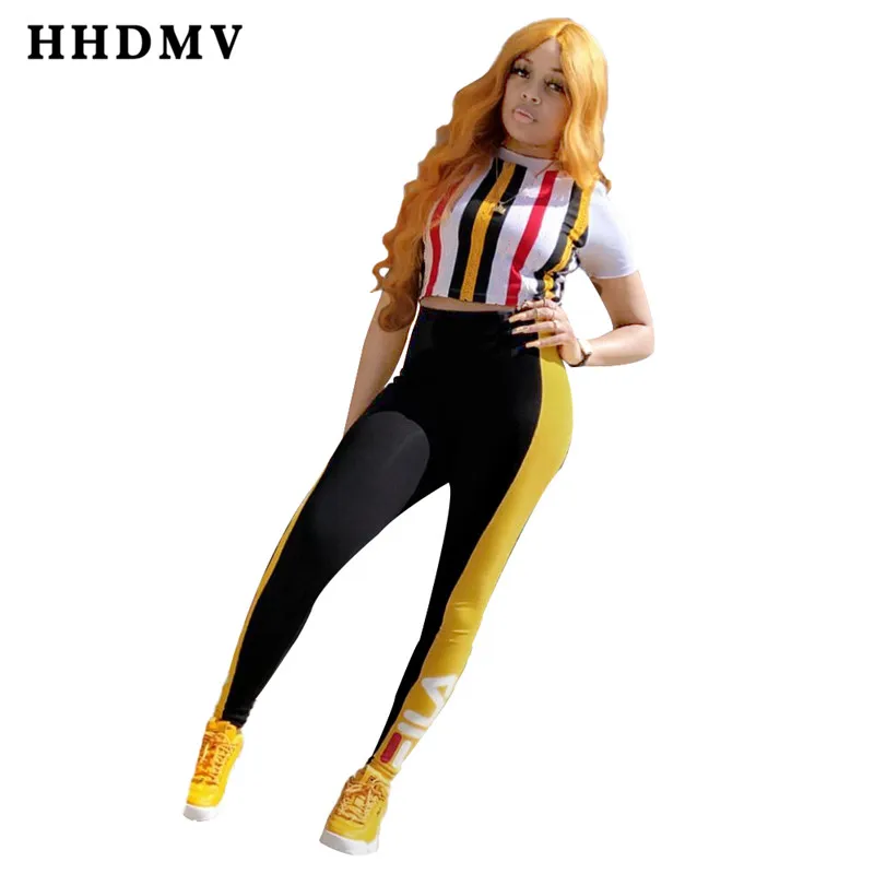 HHDMV GLML1016 уличное снижение возраста Повседневный стиль короткий рукав с круглым вырезом в полоску короткий топ эластичные длинные штаны комплект из двух предметов - Цвет: Цвет: желтый