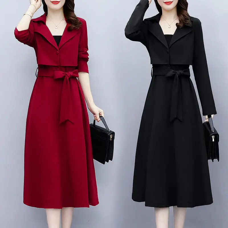 

2021 new autumn large size suit collar notched women's temperament long high-quality long-sleeved dress women skirt
