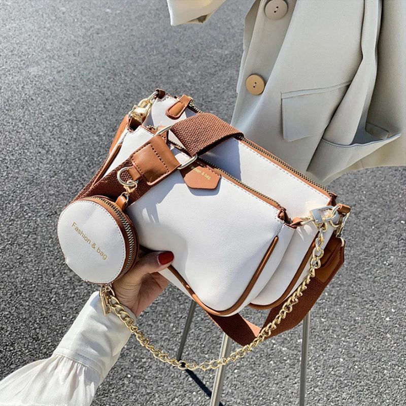 

Fashion Chains Women Shoulder Bags Designer Wide Strap Messenger Bags Luxury Pu Leather Crossbody Bag Lady Small Purse 3 Bag Set