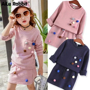 

R&Z Girls Winter Clothing Set Long Sleeve Shirt With Ball With Pencil Skirt Pink Blue Color Fashion Clothes Set Kids