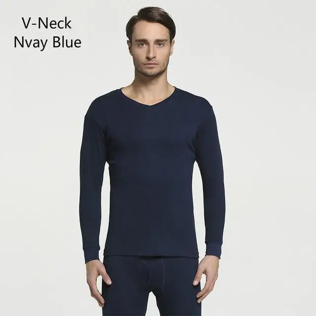 V- navy blue Комплекты термобелья для мужчин, зимнее термобелье, кальсоны, зимняя одежда для мужчин, плотная термобелье, одноцветная одежда - Цвет: V- navy blue