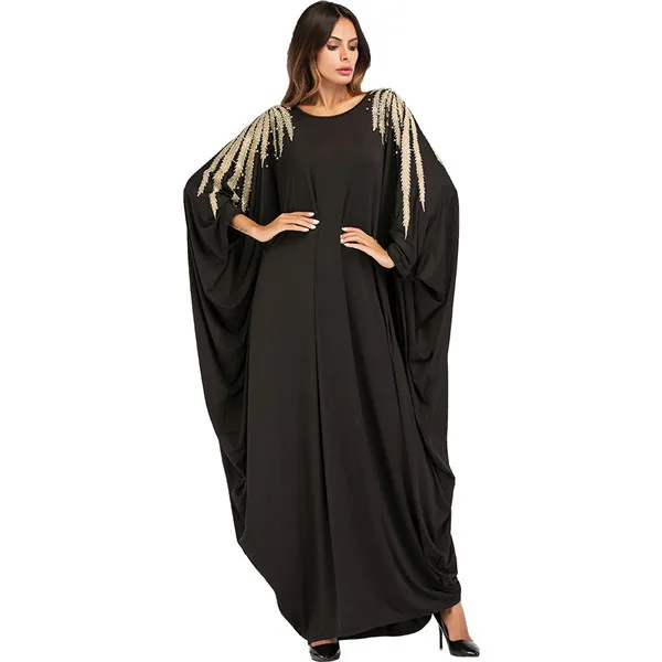 Золотые бусы с вышивкой на плече, рукав "летучая мышь", мусульманская одежда, одежда абайя, турецкая исламская одежда, мусульманское женское платье - Цвет: Черный