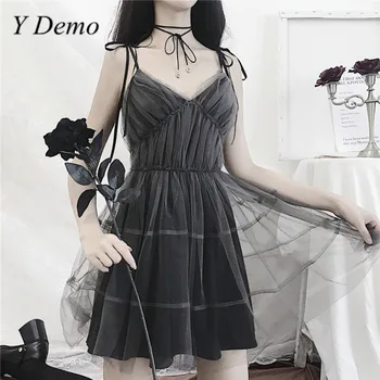 

Gothic Black Mesh Spaghetti Strap Dress Women Sleeve V-neck Sexy Party Dress Female New Lace Up High Waist Dress