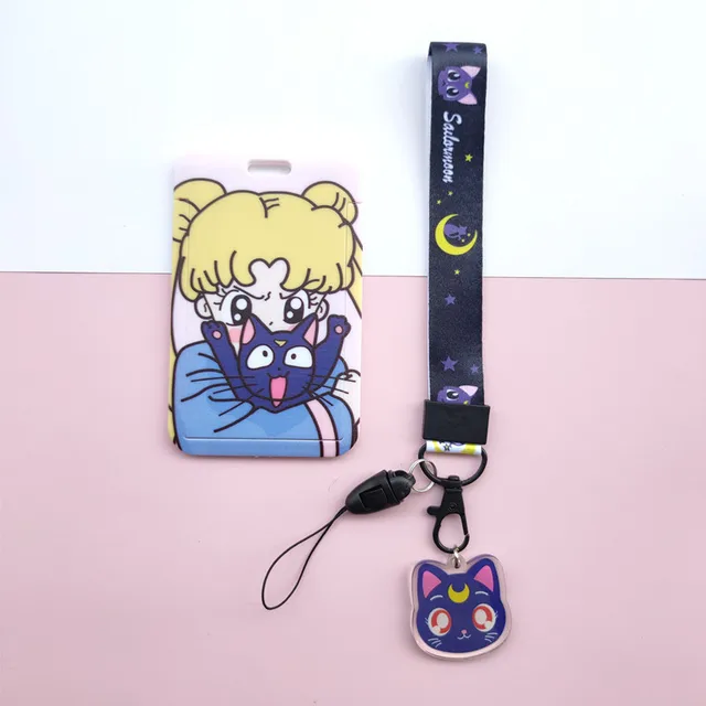 Anime Kawaii Cartoon Moon Cat Lanyard Wristband Credit Card ID Holder Bus Pass Staff Name Tag Badge Holders for Girls K