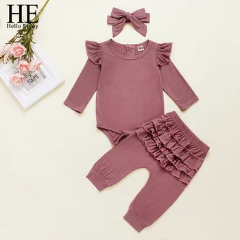 

HE Hello Enjoy Newborn Baby Girl Clothes Autumn Infant Knitted Bodysuit Top Romper Ruffle Pants Headband 3pcs Clothing Sets